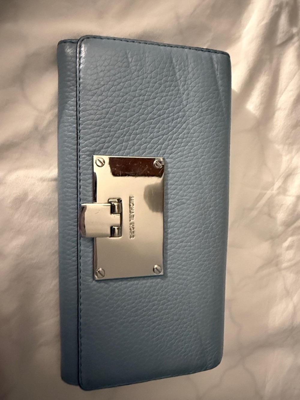 Michael Kors Dusty Blue Leather Clutch Wallet with Silver Hardware